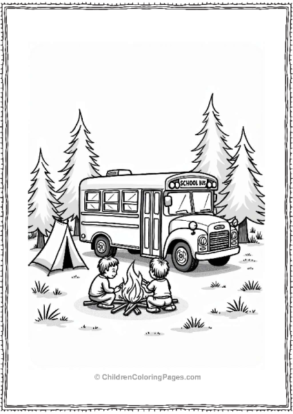 School Bus At Campsite With Kids Free PDF Printable