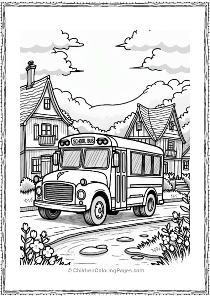 School Bus In A Fairy Tale Village Free PDF Printable