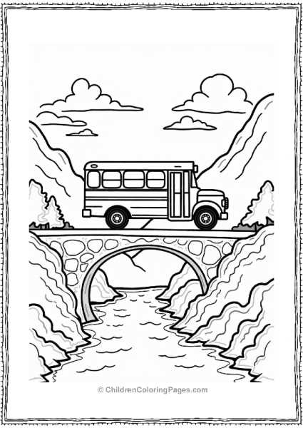 School Bus Over Bridge And River Free PDF Printable