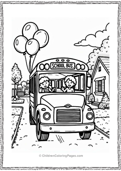 School Bus With Balloons In Neighborhood Free PDF Printable