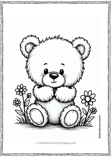 Shy Teddy Bear Among Flowers Free PDF Printable