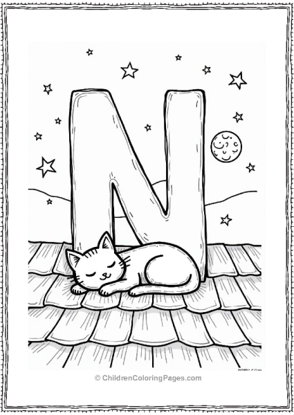 Sleeping Cat On Letter N Roof Free PDF Printable