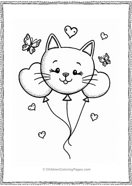 Smiling Cat Valentine’s Balloons With Butterflies And Hearts Free PDF Printable