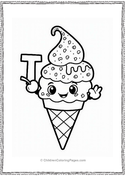 Smiling Ice Cream Cone Character With Letter T Free PDF Printable