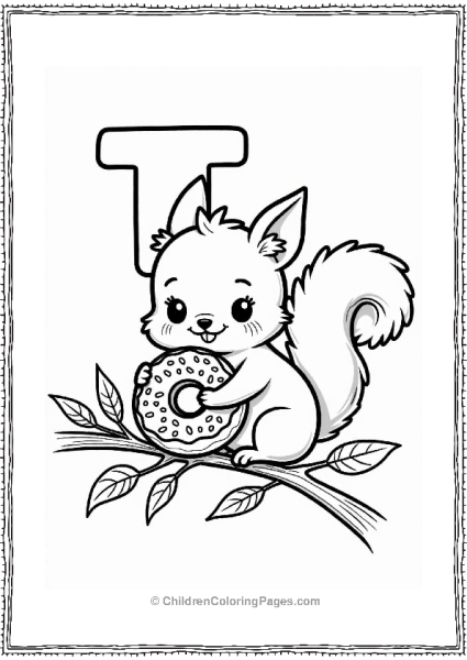Squirrel With Donut On A Branch With Letter T Free PDF Printable