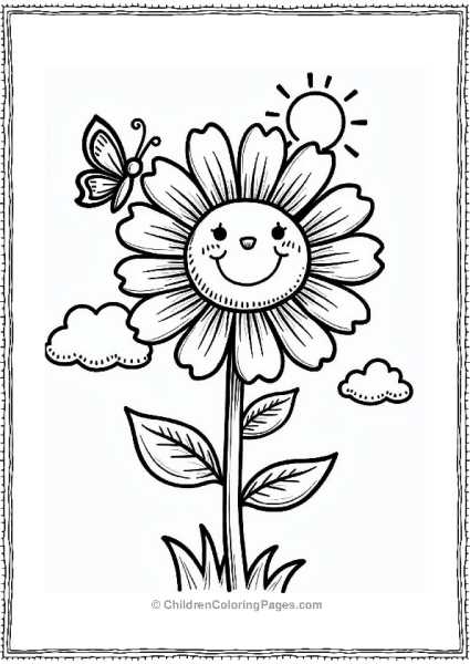 Sunflower And Butterfly In A Sunny Scene Flower Coloring Page Free PDF Printable