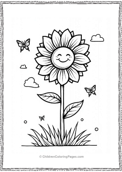 Sunflower With Butterflies And Clouds Flower Coloring Page Free PDF Printable