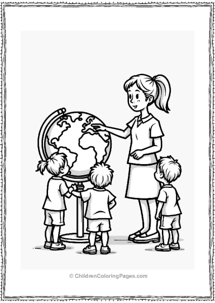 Teacher With Globe And Curious Students Free PDF Printable