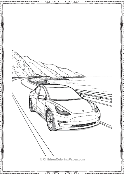 Tesla Model 3 Driving Along A Coastal Highway Free PDF Printable