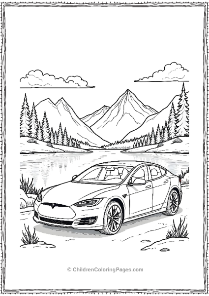 Tesla Model Parked In A Forest With Lake Free PDF Printable