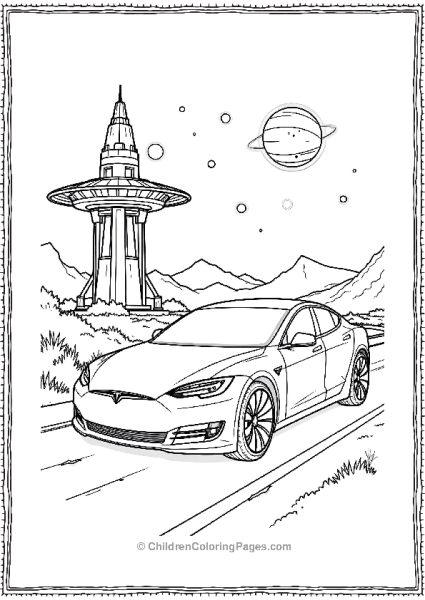 Tesla Model S Parked Near A Space Station Free PDF Printable