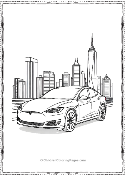 Tesla Model S With Modern City In Back Free PDF Printable