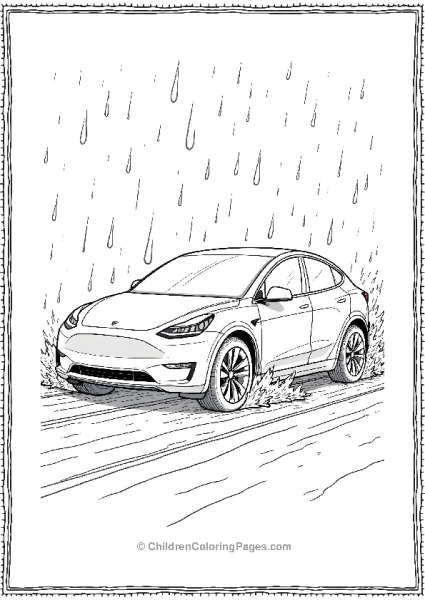 Tesla Model Y Driving Through Rain Free PDF Printable