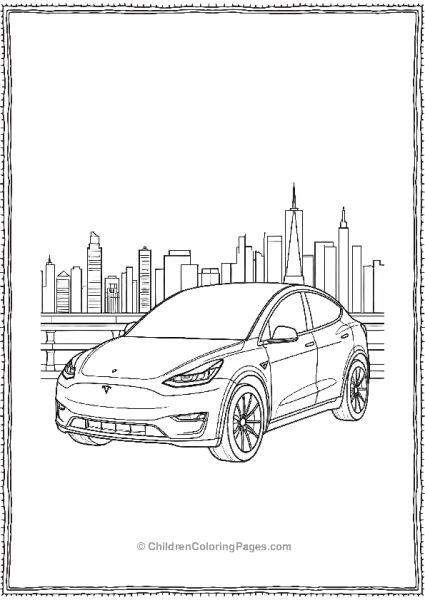 Tesla Model Y Parked In Front Of Modern Cityskape Free PDF Printable