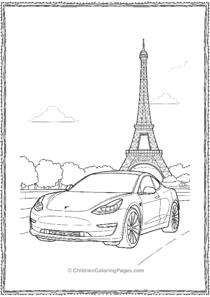 Tesla Roadster Parked In Front Of Eifel Tower Free PDF Printable