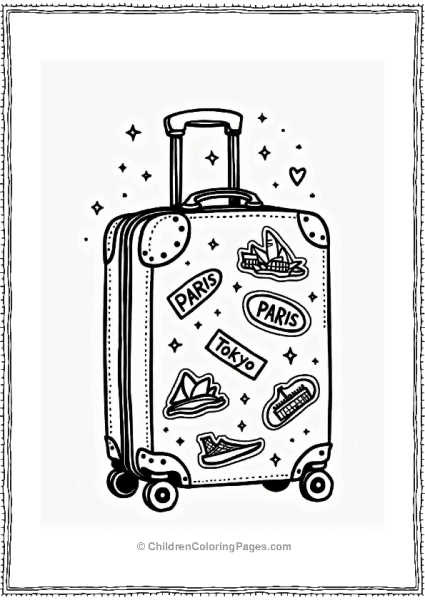 Travel Suitcase With Stickers And Stars Tattoo Coloring Page Free PDF Printable