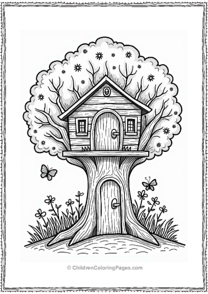 Treehouse Surrounded By Flowers And Butterflies Free PDF Printable