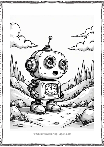 Trippy Theme Friendly Robot Time Machine In A Colorful Landscape Free PDF Printable