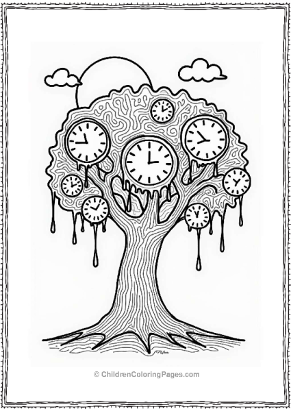 Trippy Theme Melting Clock Tree Illustration Free PDF Printable