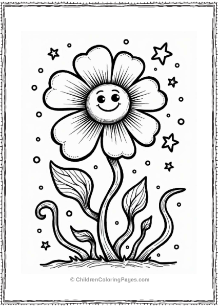 Trippy Theme Whimsical Flower With Smiling Face And Vines Free PDF Printable