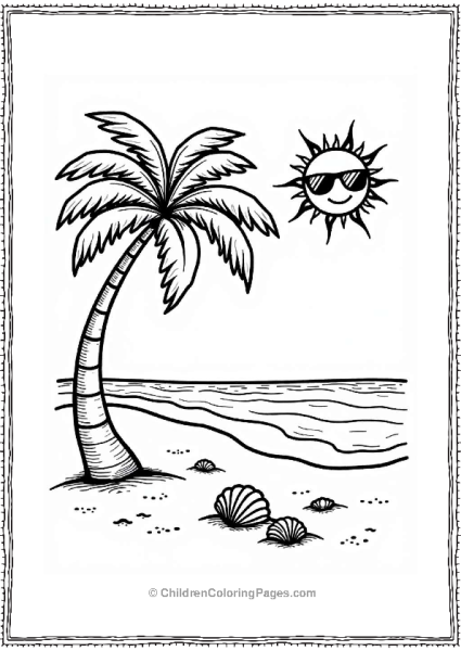 Tropical Beach Scene With Palm Tree Tattoo Coloring Page Free PDF Printable