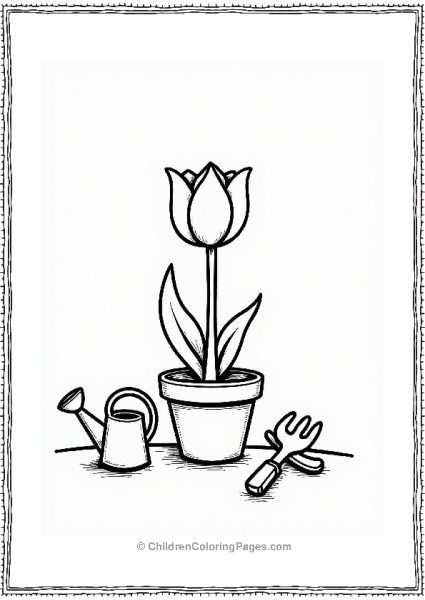 Tulip In A Pot With Garden Tools Flower Coloring Page Free PDF Printable