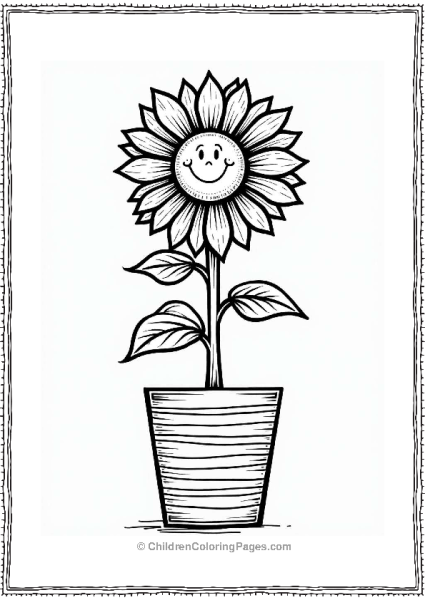 Vibrant Sunflower In A Striped Vase Flower Coloring Page Free PDF Printable