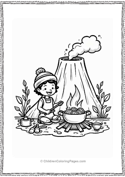 Villager Cooking Traditional Food By A Volcano Free PDF Printable