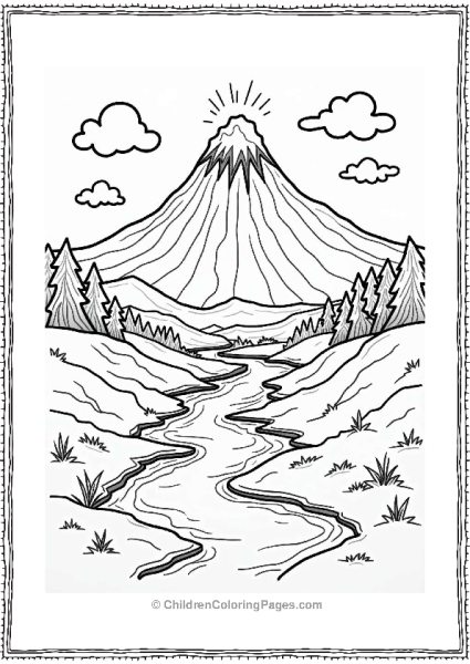 Volcano And Lava River In A Mountain Range Free PDF Printable