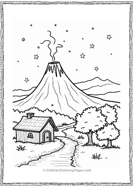 Volcano Overlooking A Peaceful Village Free PDF Printable