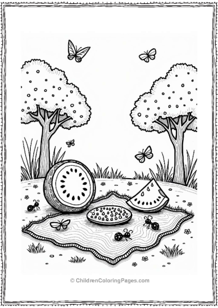 Watermelon Picnic Scene With Ants And Butterflies Free PDF Printable