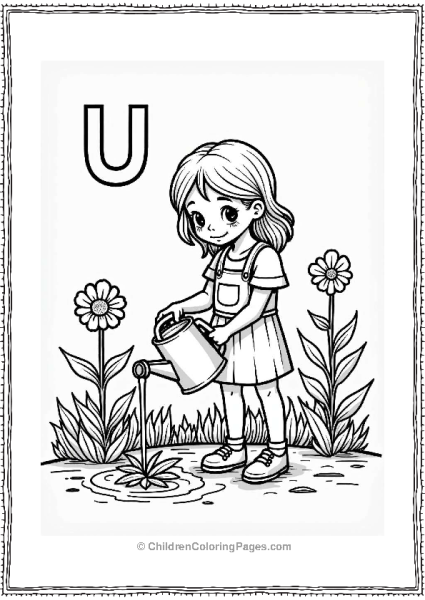 Young Girl Watering Plants In A Garden Free PDF Printable