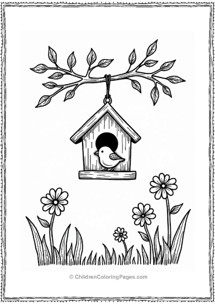 Birdhouse In Spring With Peeking Bird Free PDF Printable