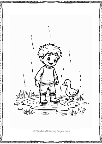 Spring Boy Splashing In Puddle With Duckling Free PDF Printable