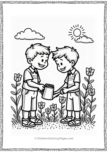 Spring Boys Watering Colorful Flowers In The Garden Free PDF Printable