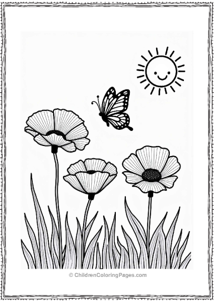 Spring Butterfly Among Poppy Flowers Free PDF Printable