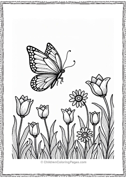 Spring Butterfly Over A Tulip Garden Free PDF Printable