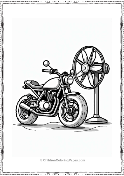 Cartoon Motorcycle Next To A Spinning Fan Free PDF Printable