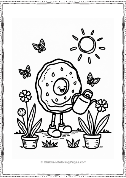 Cheerful Donut Watering Flowers In A Garden Free PDF Printable