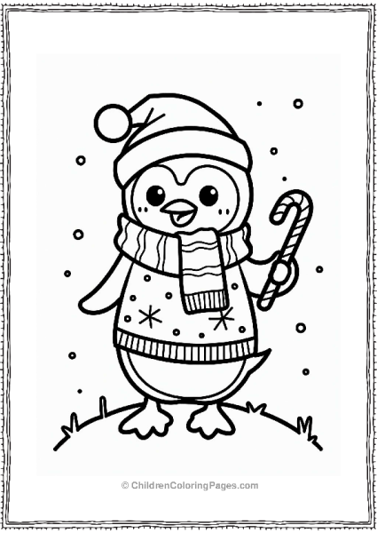 Christmas Cheerful Penguin With Candy Cane Free PDF Printable