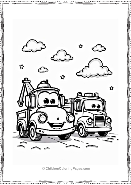 Cheerful Tow Truck And Fire Truck Scene Free PDF Printable