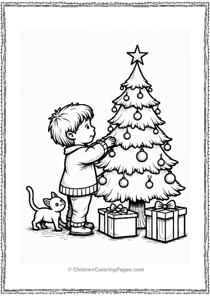 Child Decorating Christmas Tree With Cat Free PDF Printable