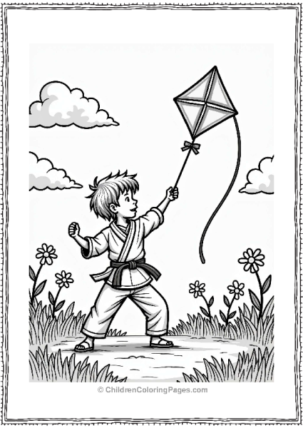 Child Practicing Karate With Kite In Sunny Meadow Free PDF Printable