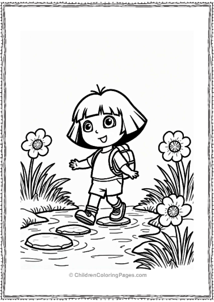 Dora The Explorer Crossing A Stream With Flowers Free PDF Printable