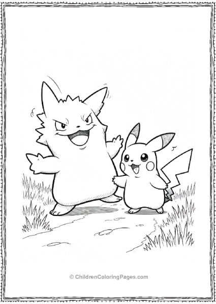 Gengar Playfully Chasing Pikachu Through Grassy Free PDF Printable