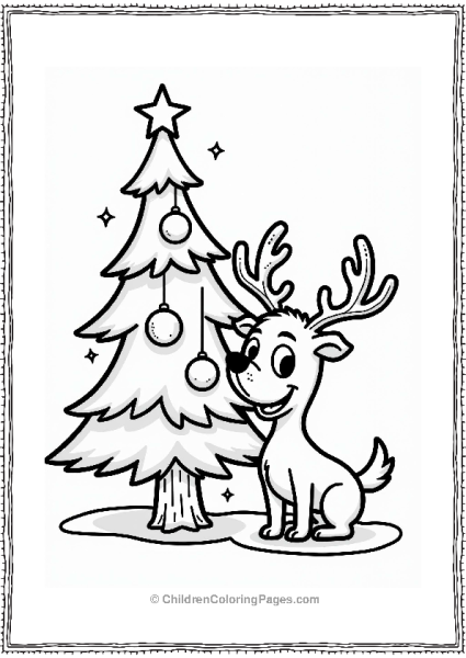 Happy Dog With Reindeer Antlers By Christmas Tree Free PDF Printable
