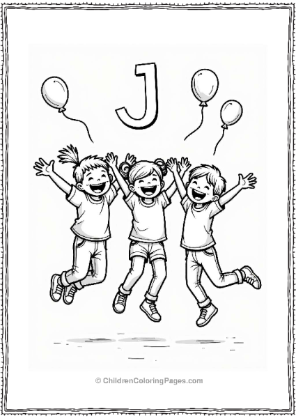 Letter J Excited Kids Jumping With Balloons Free PDF Printable