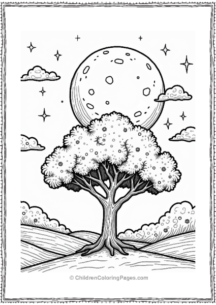 Moonlit Tree Silhouette In The Solar System Free PDF Printable