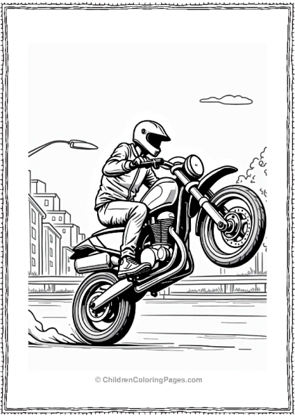 Motorcycle Rider Performing A Wheelie In The City Free PDF Printable