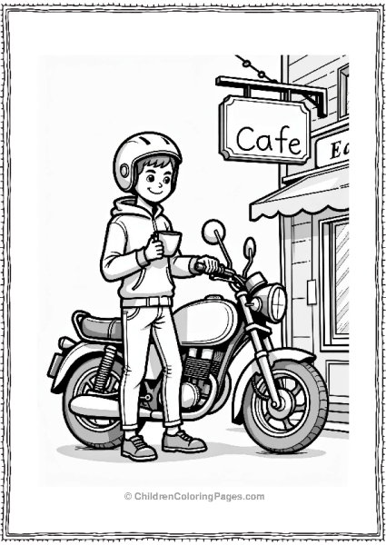 Motorcyclist At A Charming Cafe Free PDF Printable